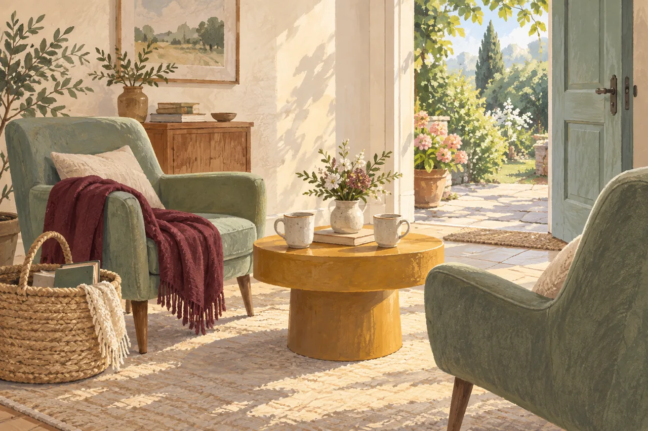Illustration symbolique : deux fauteuils, deux tasses et une porte ouverte sur un jardin évoquent un temps de répit.