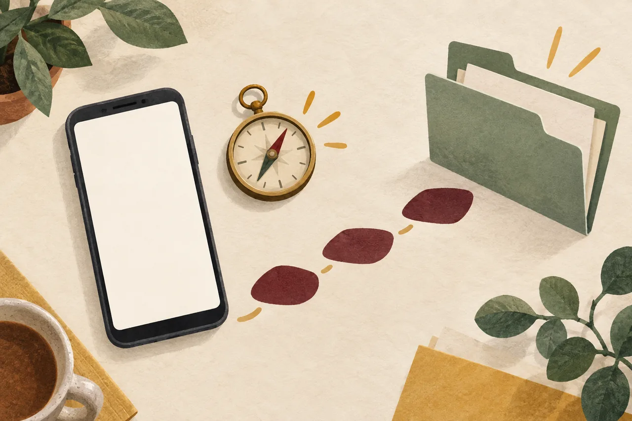 Illustration symbolique : un téléphone à écran vierge, une boussole et un dossier figurent une recherche d’orientation numérique.