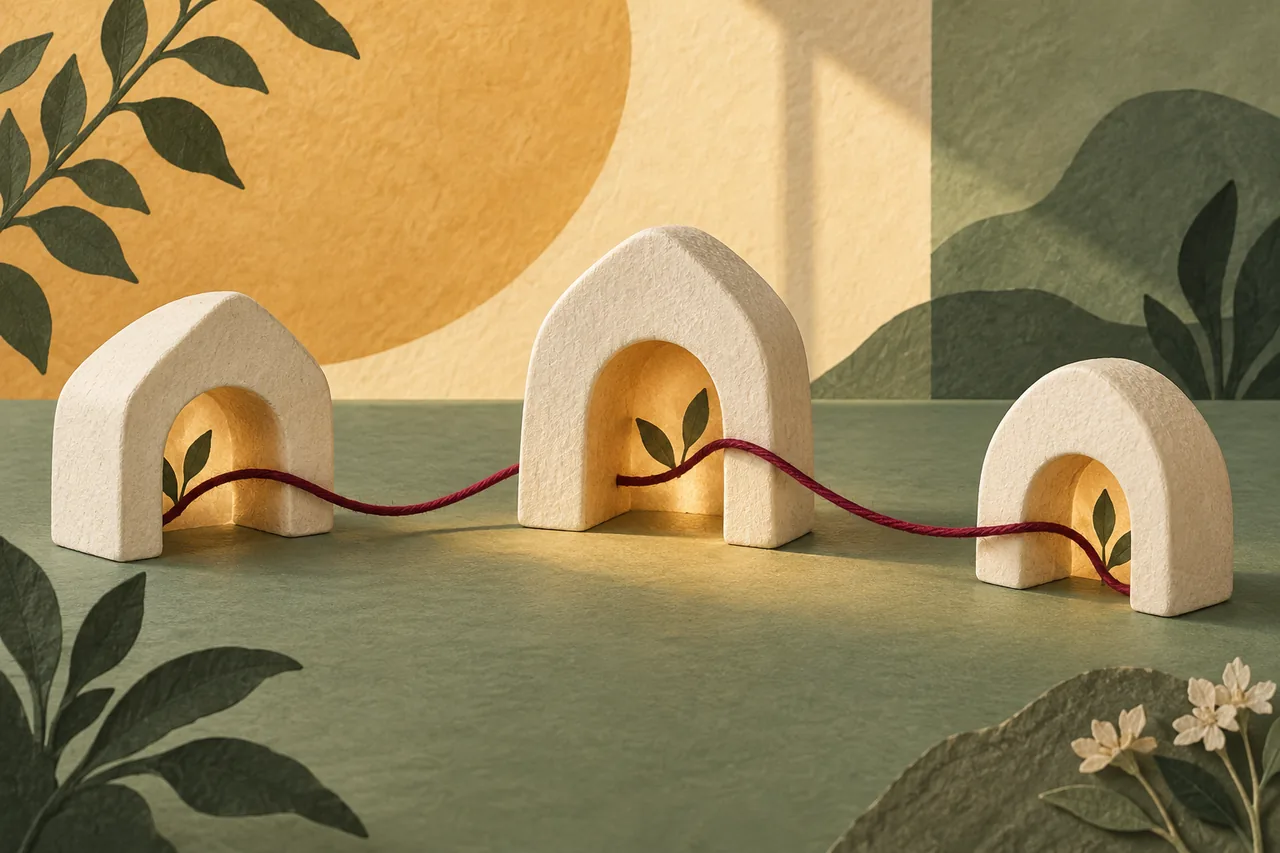 Illustration symbolique : un fil bordeaux relie trois petites arches ivoire sur un fond sauge et ocre.