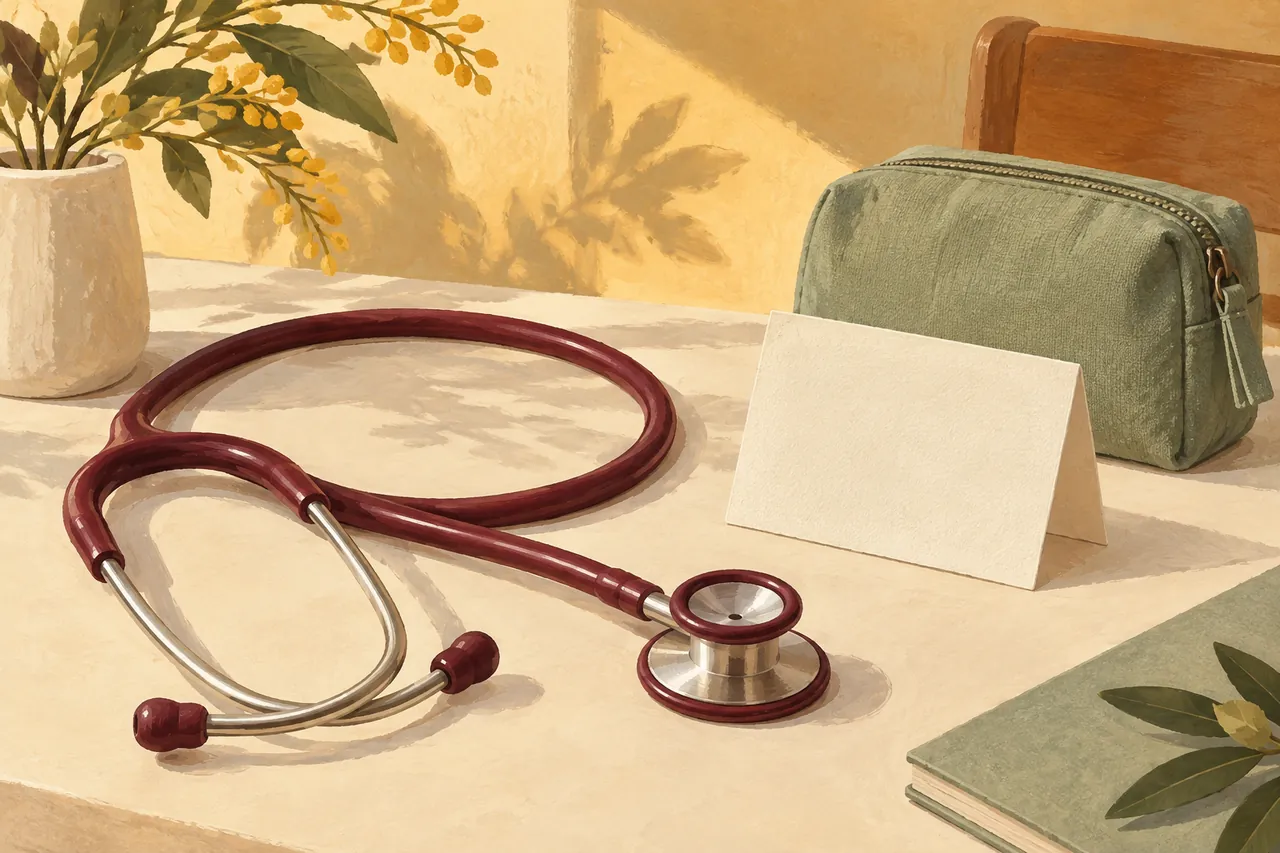 Illustration : un stéthoscope bordeaux, une carte vierge et une trousse sauge évoquent un rendez-vous de prévention.