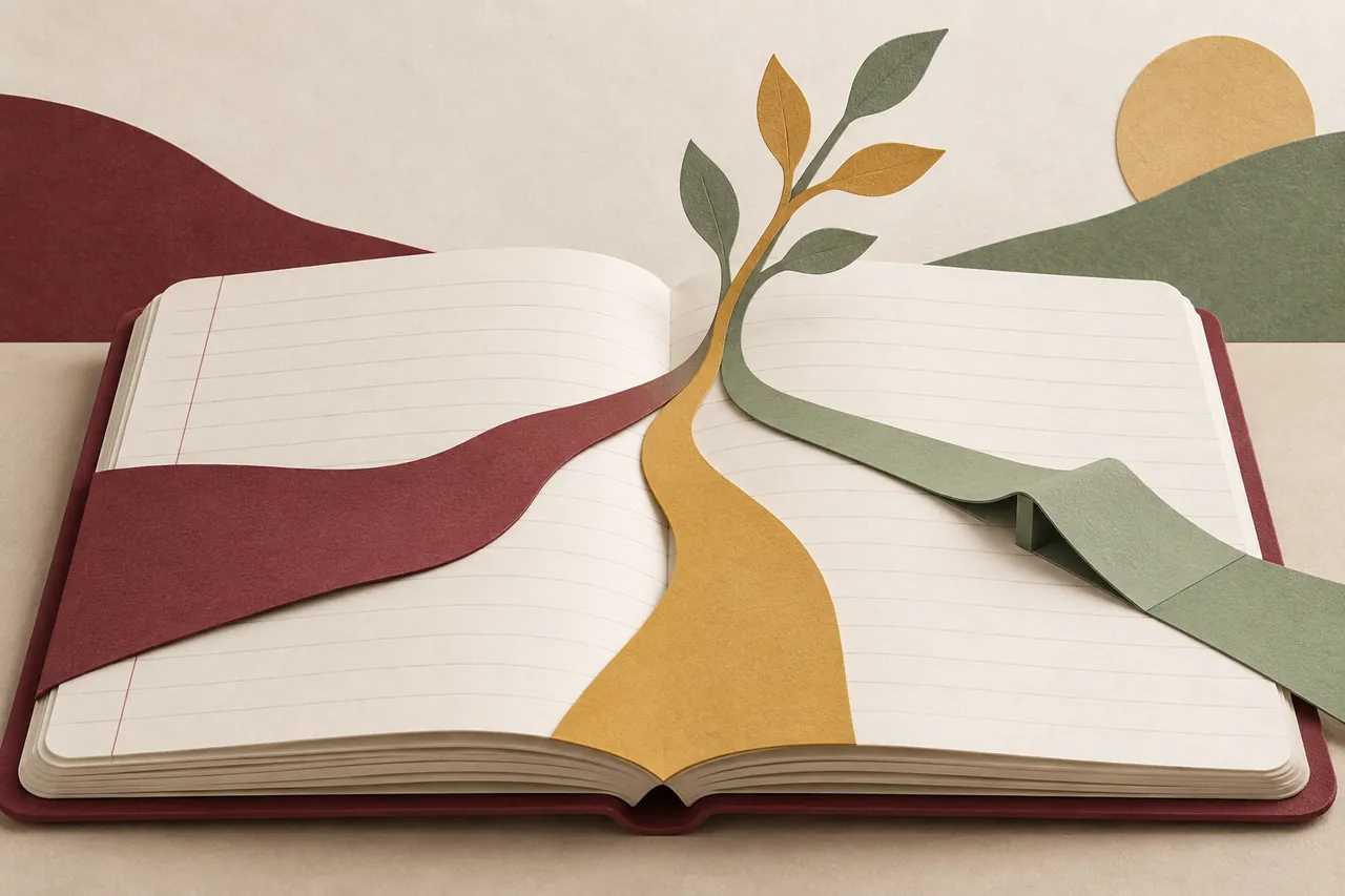 Illustration : sur un cahier ouvert, trois chemins en papier bordeaux, ocre et sauge se rejoignent vers une branche.