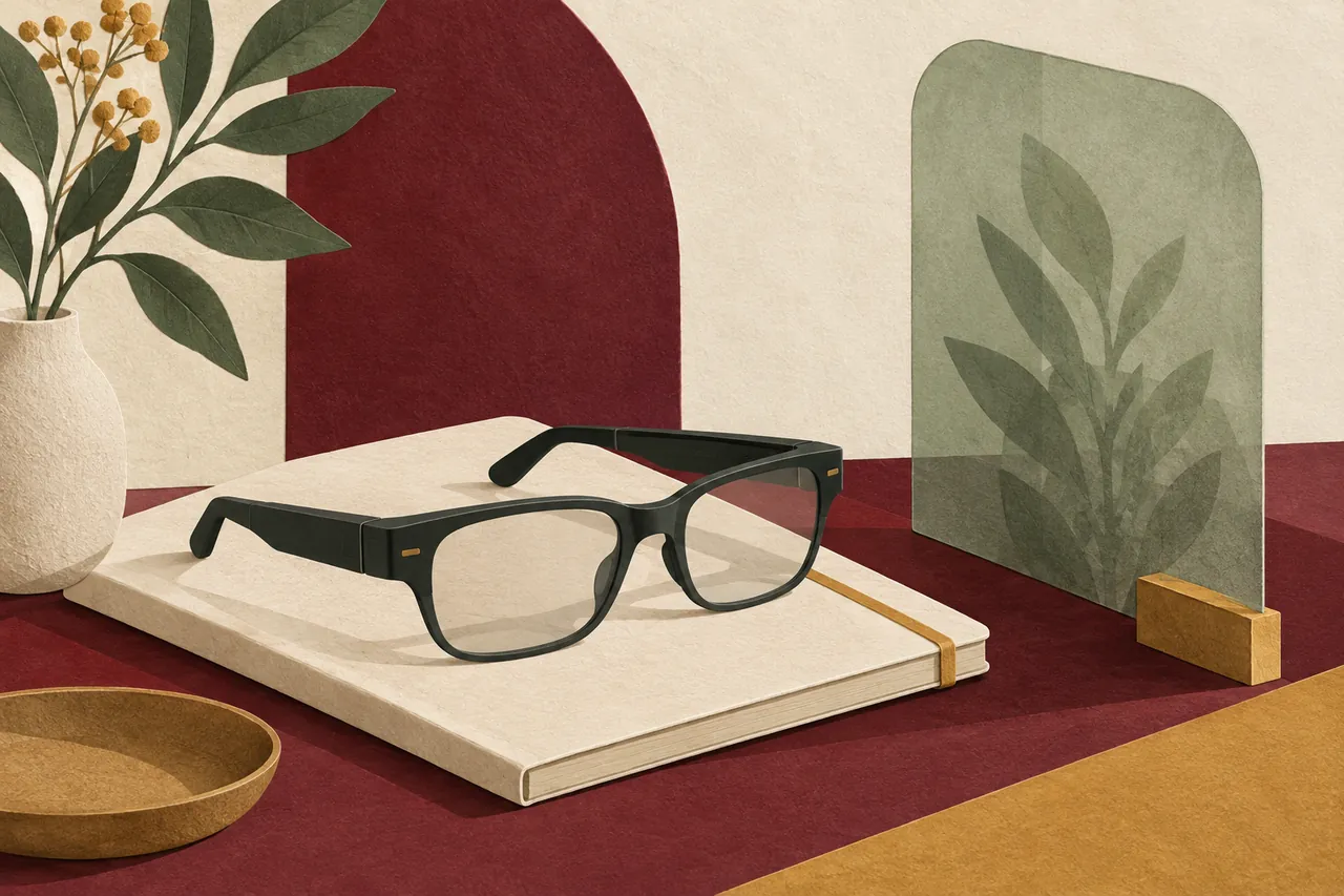 Illustration : des lunettes connectées posées sur un carnet, près d’un écran translucide sauge évoquant la vie privée.