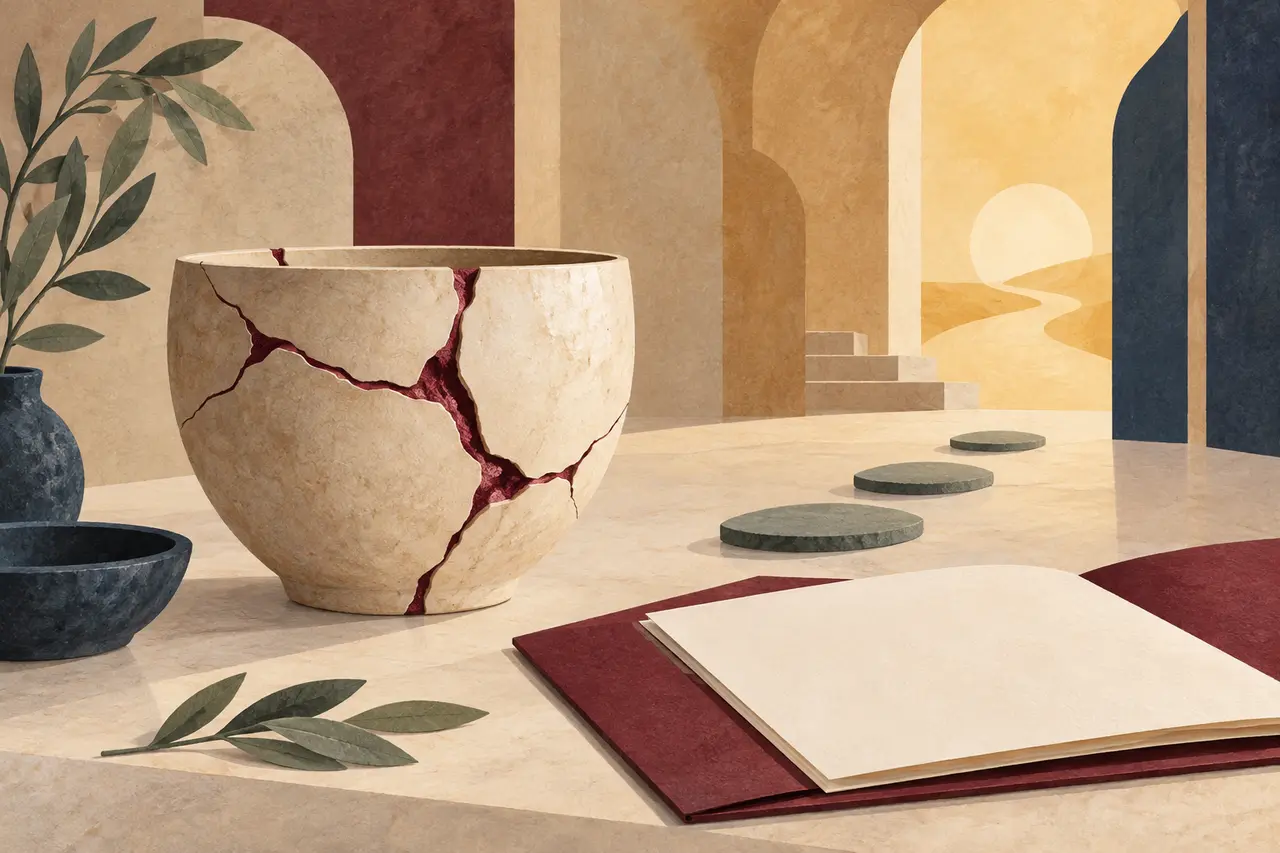 Illustration symbolique : un vase ivoire réparé par des lignes bordeaux, un dossier ouvert et des pas de pierre conduisent vers une lumière ocre.