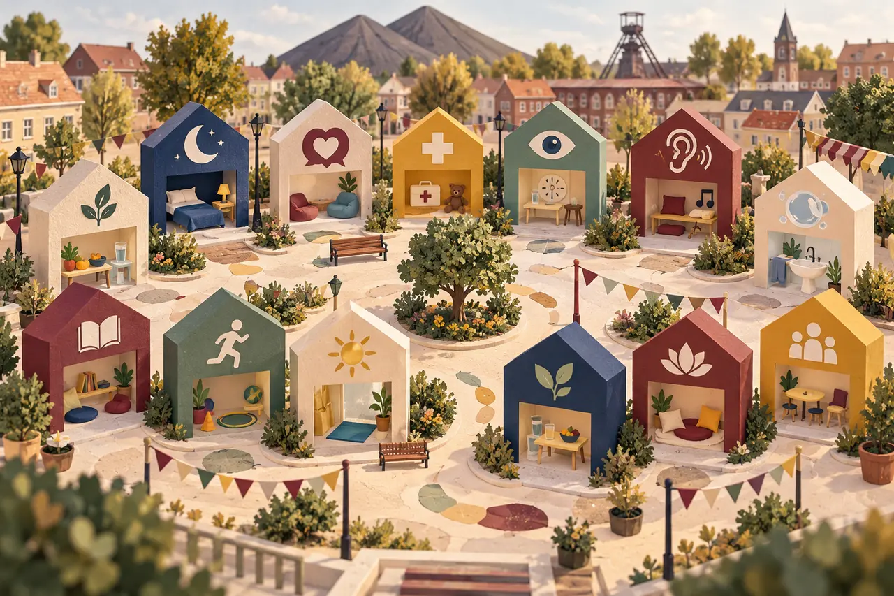 Illustration symbolique : un village miniature de maisons colorées rassemble des motifs liés au sommeil, aux émotions, aux premiers secours, à la vue et à l’audition.