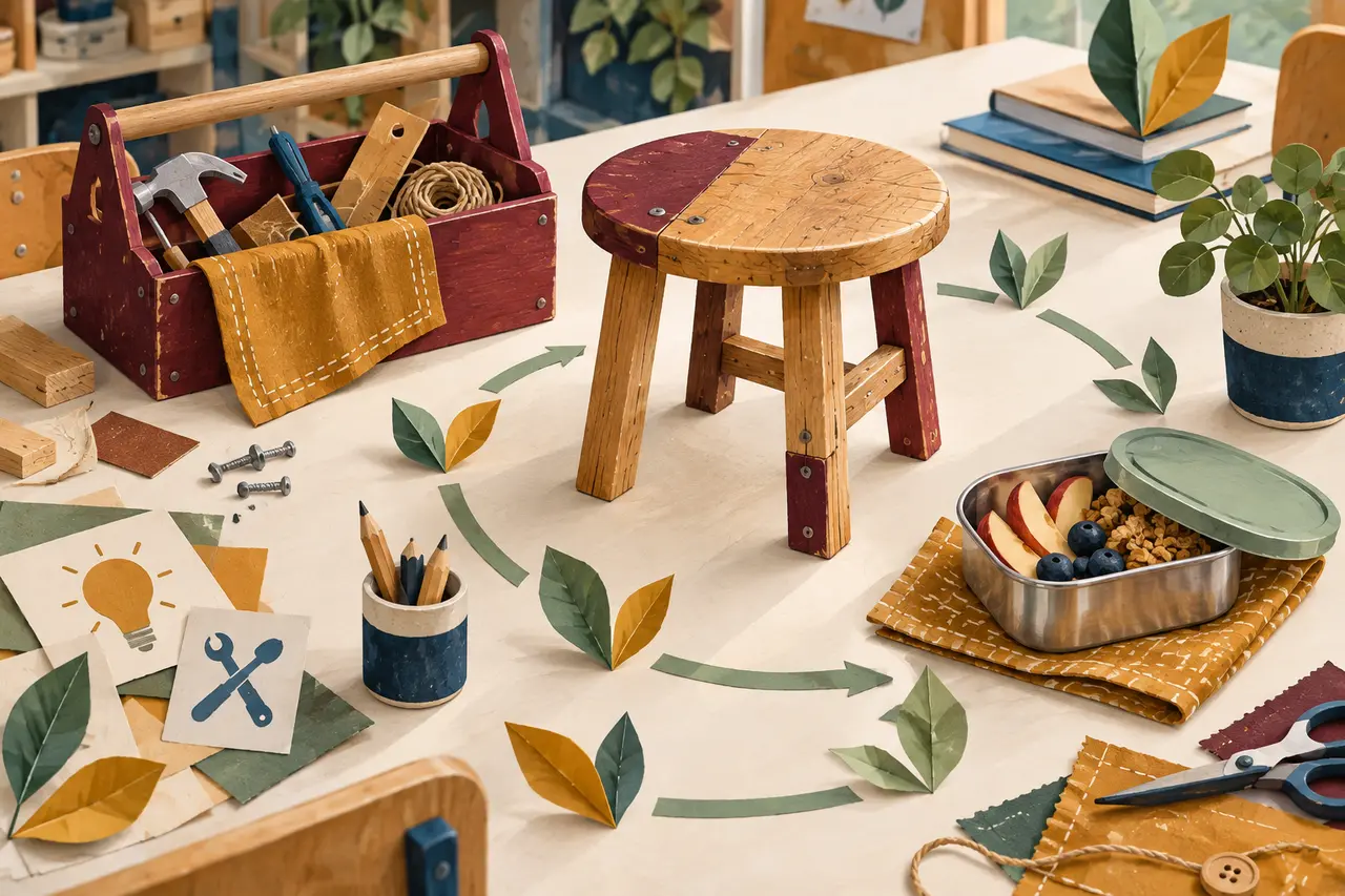 Illustration symbolique : un tabouret réparé, une boîte à goûter réutilisable et une caisse à outils sont disposés sur une table d’atelier entourée d’un chemin de feuilles en papier.