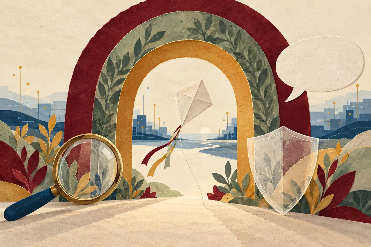 Illustration symbolique : un cerf-volant en papier passe sous trois arches protectrices, près d’une loupe, d’un bouclier transparent et d’une bulle de dialogue vide.