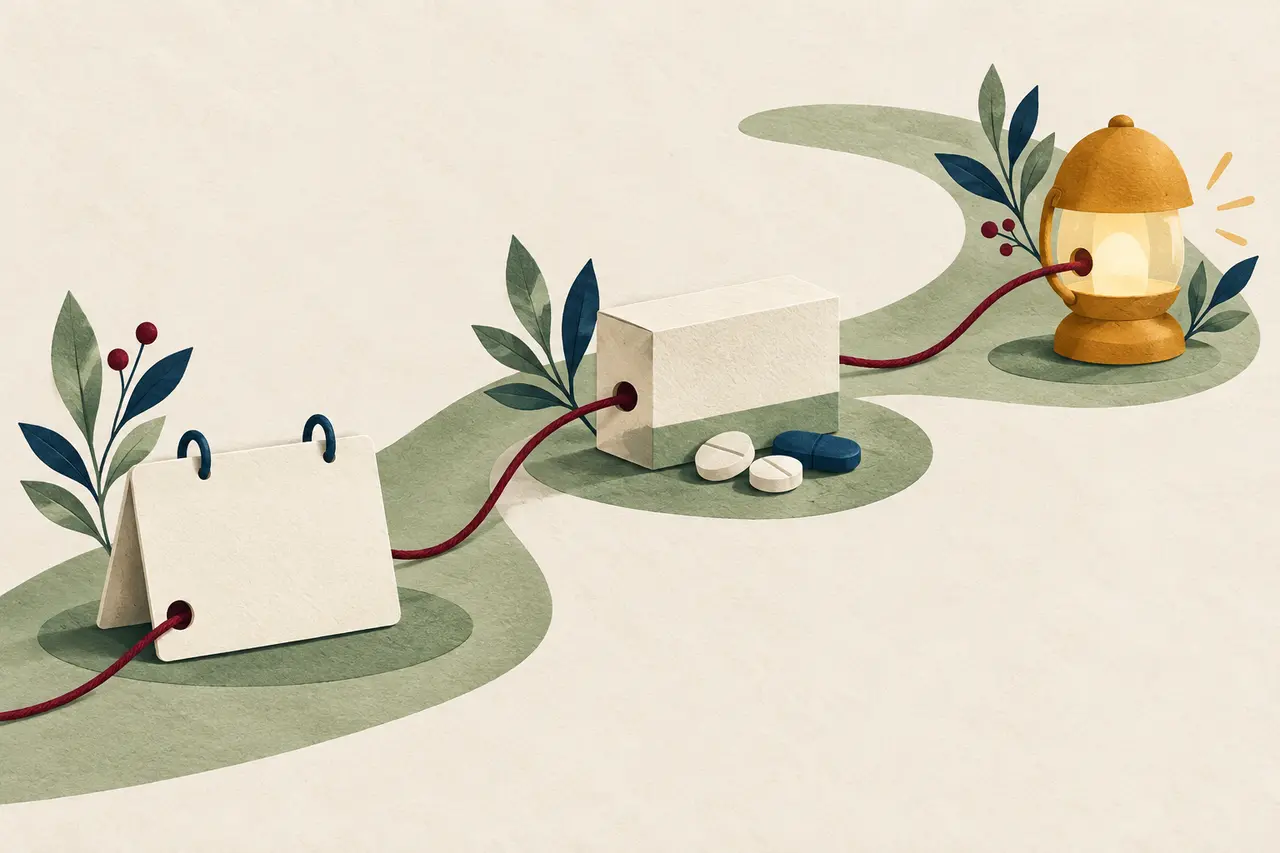 Illustration symbolique : une carte de rendez-vous vierge, une boîte sans étiquette et une lampe sont reliées par un fil bordeaux sur un chemin sauge continu.