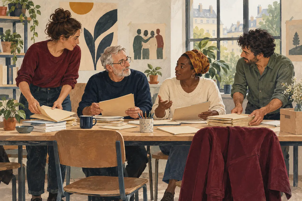 Illustration : quatre bénévoles travaillent autour d’une table, scène symbolique