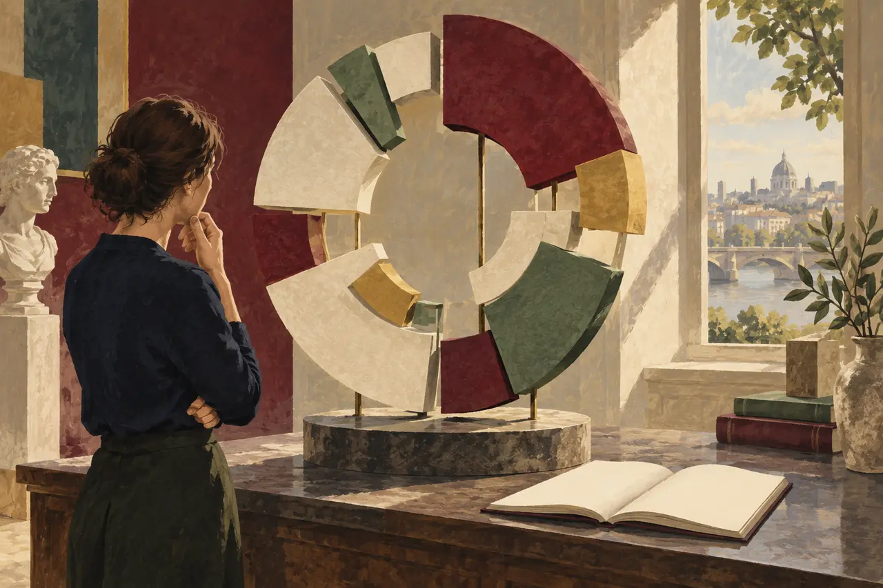 Illustration : des formes géométriques composent une sculpture circulaire, sans valeurs chiffrées