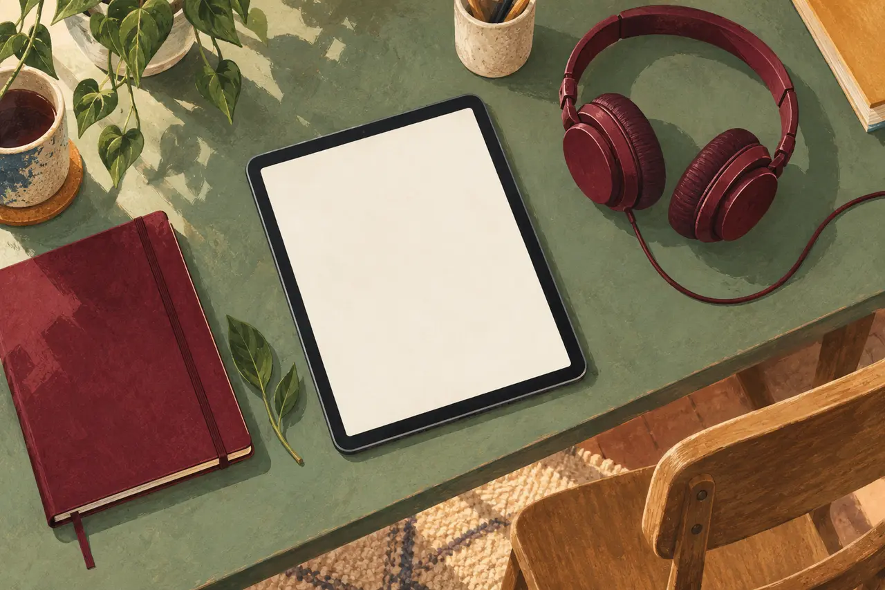 Illustration : une tablette, un casque et un carnet sur un bureau
