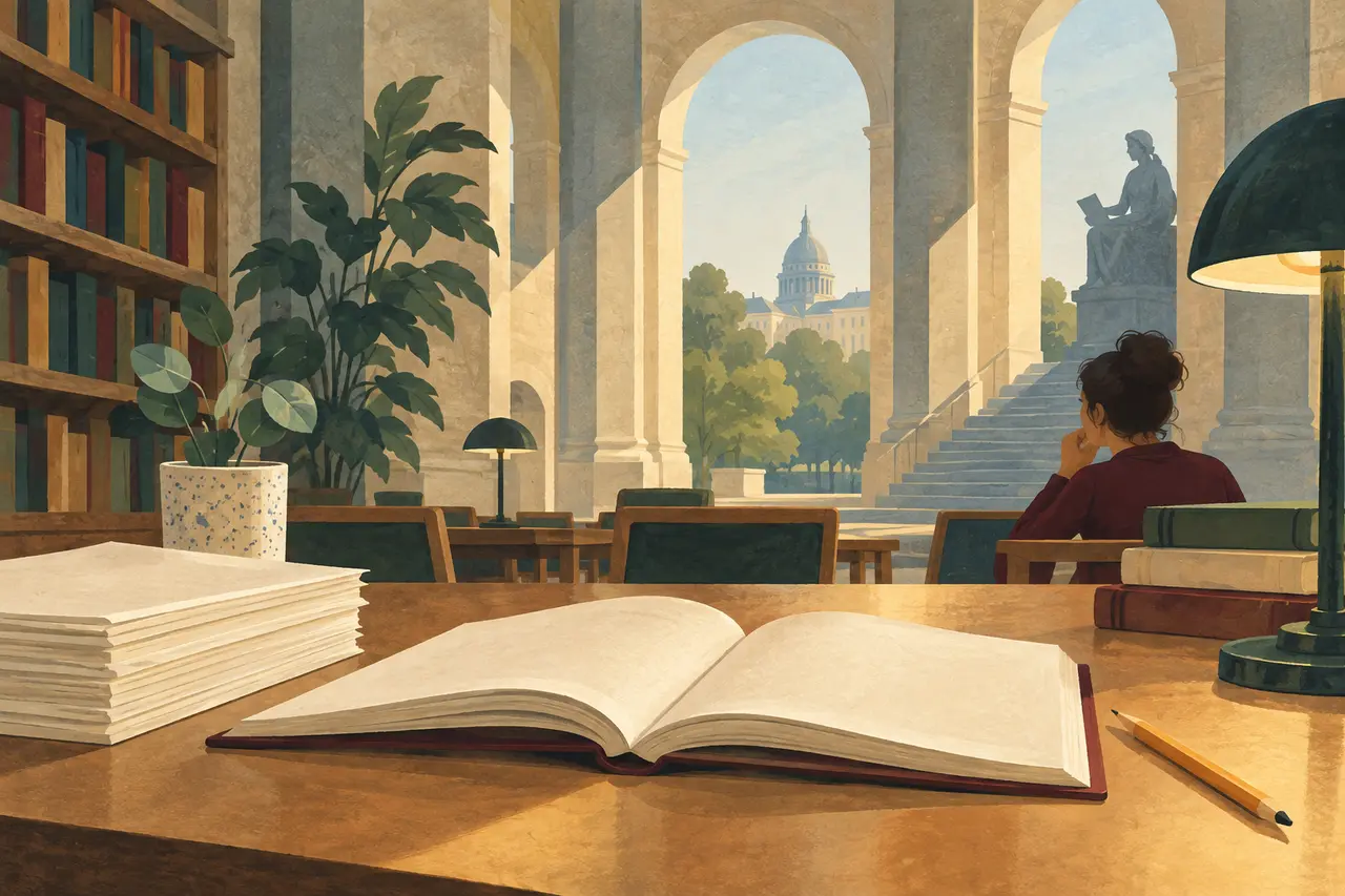 Illustration : un livre et des documents sur une table dans un lieu ouvert
