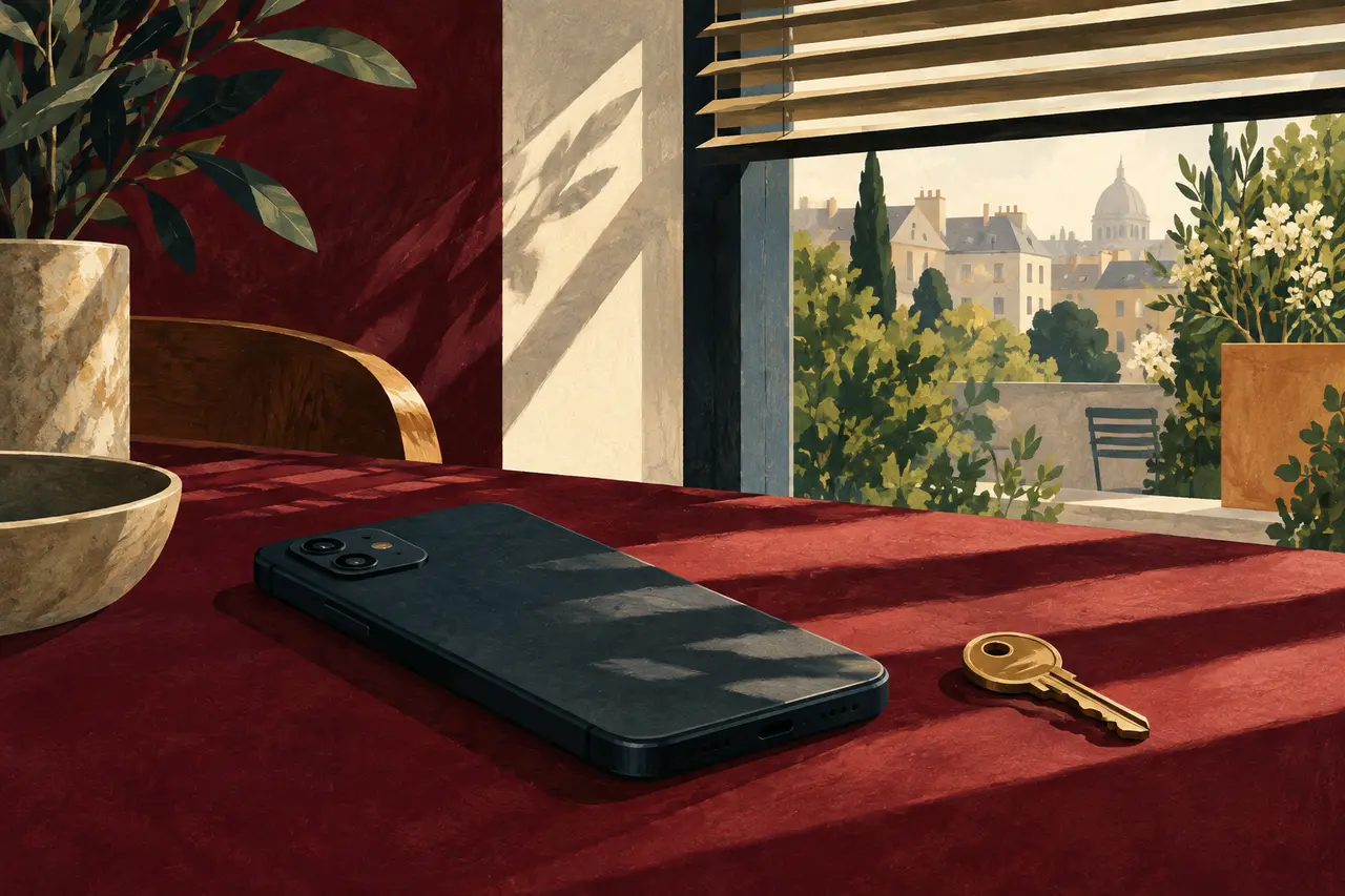 Illustration : un téléphone posé face contre table, une clé et des ombres de lumière