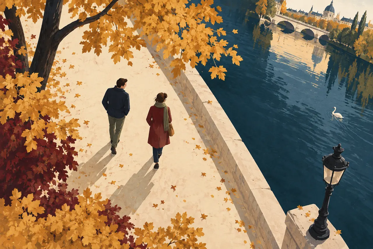 Illustration : deux adultes marchent côte à côte au bord d’un cours d’eau