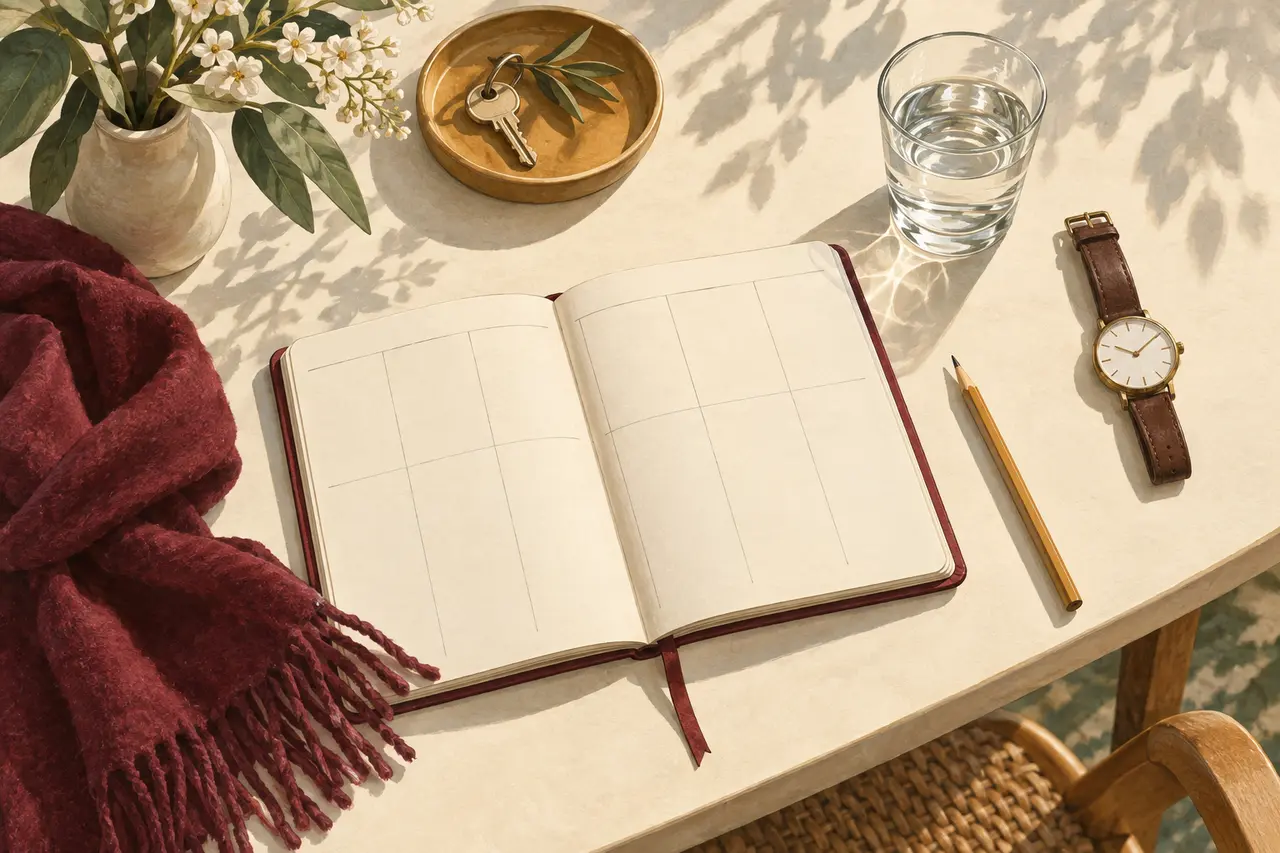 Illustration : un agenda sans inscription, un crayon et un verre d’eau