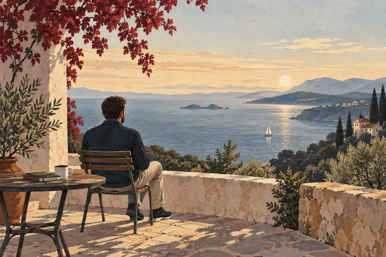 Illustration : une personne regarde un horizon ouvert depuis une terrasse paisible
